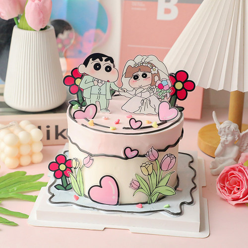 网红蜡笔小新蛋糕装饰摆件插卡求婚订婚宴主题甜品台布置烘焙装扮