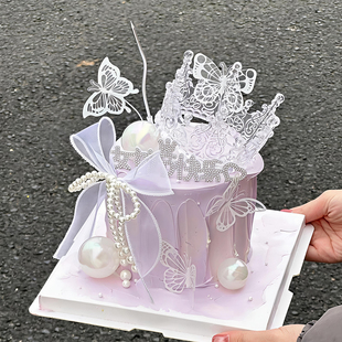 饰摆件珍珠蝴蝶结插牌 38女神节女王节快乐插件网红烘焙蛋糕装 包邮