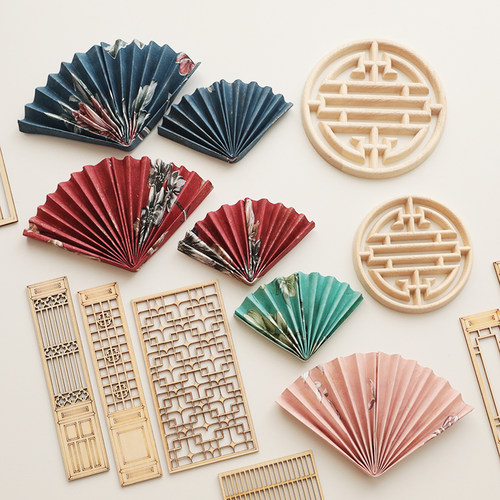 包邮烘焙蛋糕装饰中式古风扇子木制屏风生日蛋糕甜品装扮插卡插件