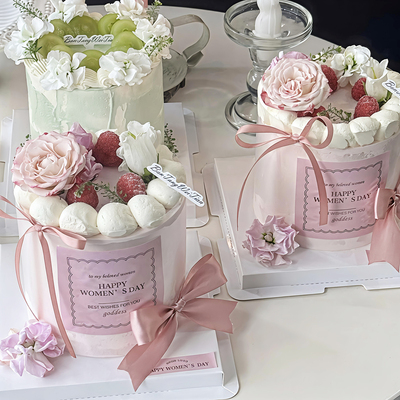 包邮网红38女神烘焙蛋糕装饰妇女节快乐贴纸围边粉色蝴蝶结丝带