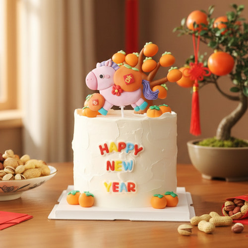 网红烘焙马宝宝新年生日平安大吉装饰摆件蛋糕软陶柿子树甜品插件