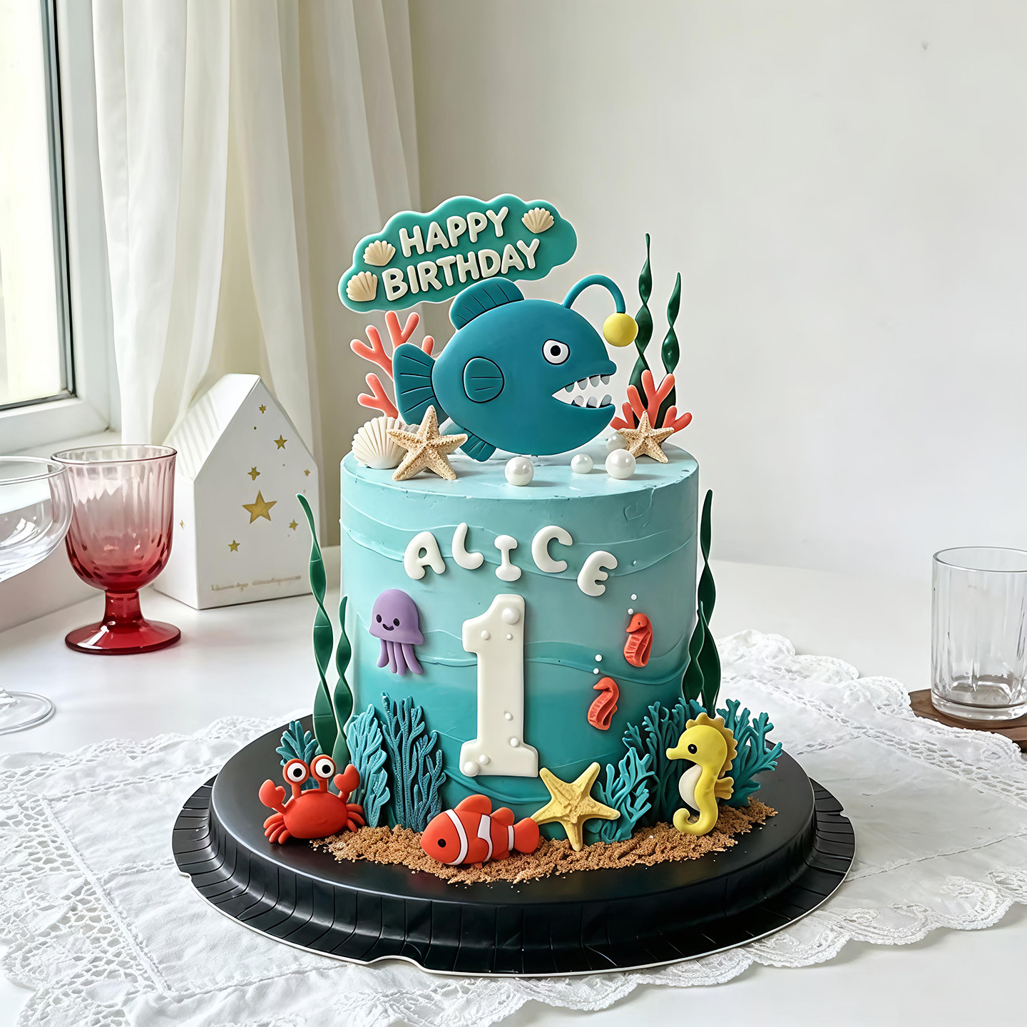 网红生日蛋糕装饰摆件夏天海洋世界可爱海豚鲸鱼鲨鱼灯笼鱼插件