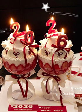 包邮网红新年跨年高脚塑料红酒杯草莓蛋糕碰杯2026数字红蜡烛丝带