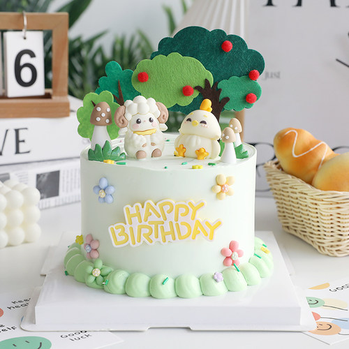网红卡通软胶动物小羊小鸡蛋糕摆件苹果树毛毡生日蛋糕装扮插卡