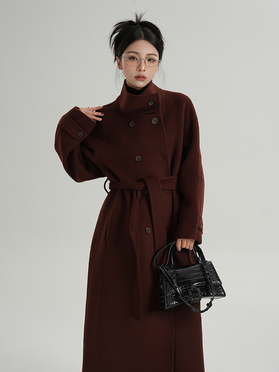 High-End Stand-Up Collar Red Woolen Coat Long Woolen Overcoat Winter New Women's Clothing