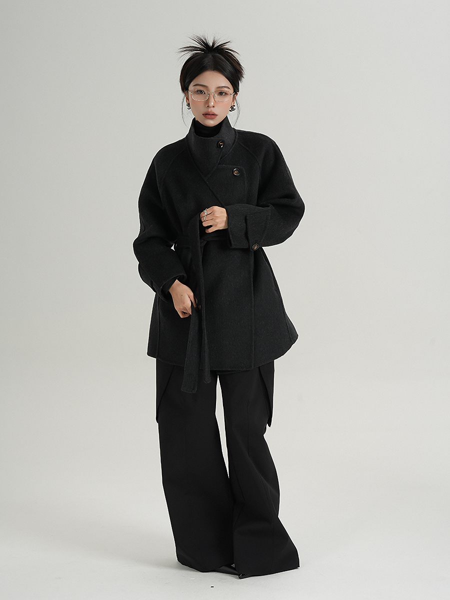 Elegant and High-End Mid-Length Half-High Collar Black Coat Double-Sided Woolen Outwear for Women in Winter