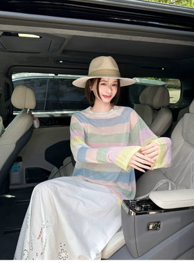 彩虹条纹 低饱和多巴胺半透罩衫女轻薄宽松圆领女士针织衫长袖T恤