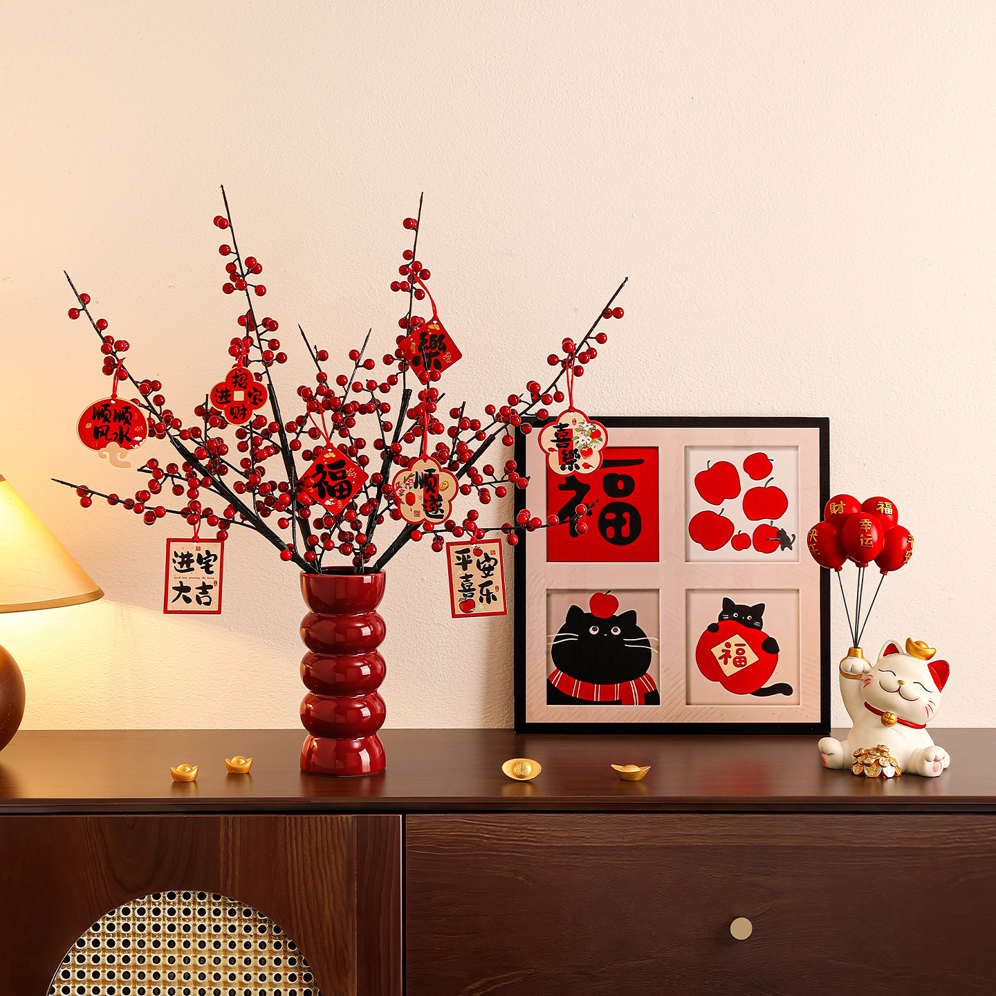 喜庆红果花瓶摆件电视柜新年布置用品客厅桌面装饰乔迁新居礼物送,家居饰品,装饰摆件,淘宝优惠券,粉丝福利购,淘宝优惠卷