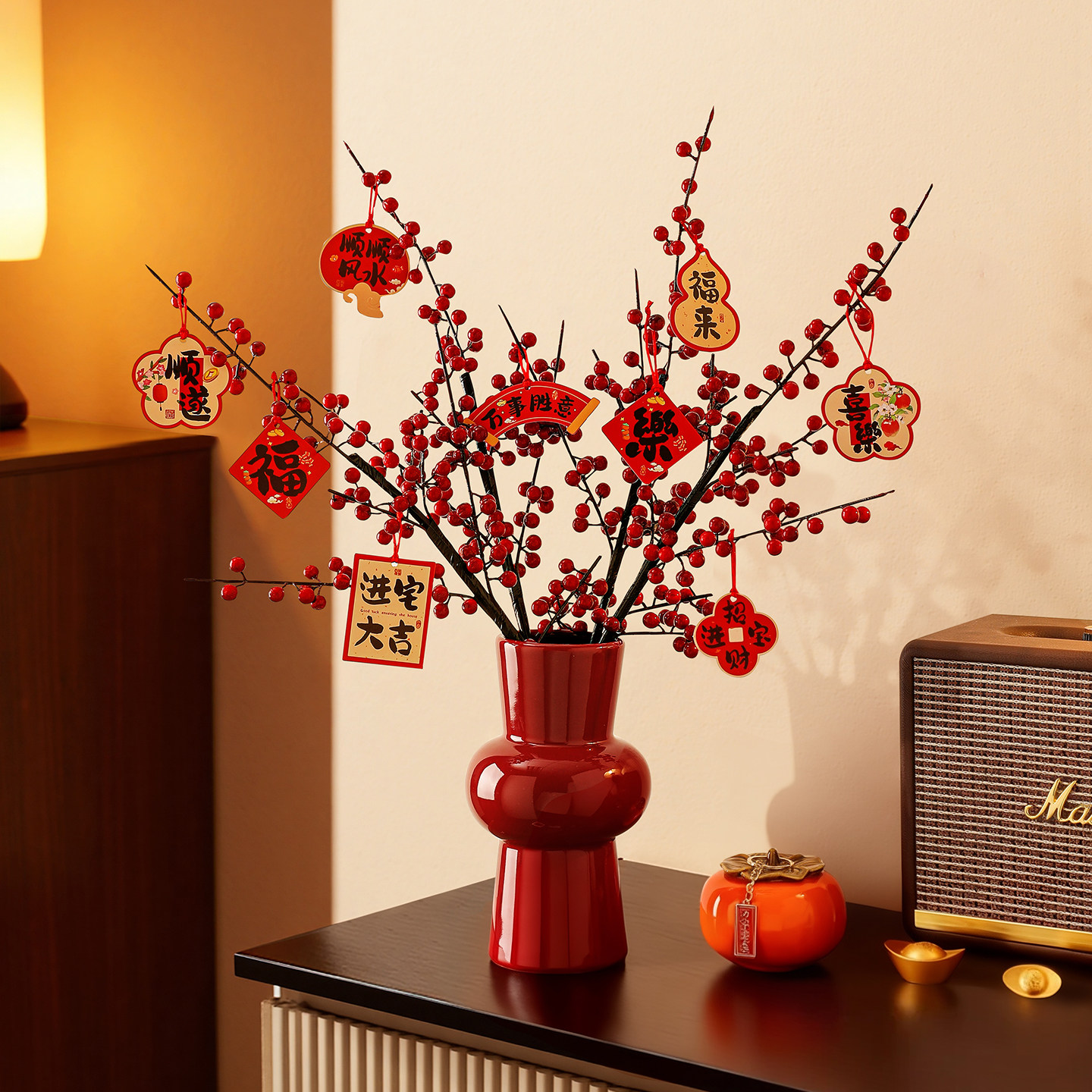 喜庆红果花瓶玄关装饰摆件家居电视柜斗柜桌面摆设新年氛围感布置,家居饰品,装饰摆件,淘宝优惠券,粉丝福利购,淘宝优惠卷
