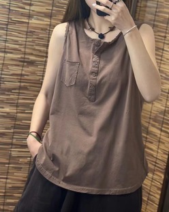 纯色纯棉吊带背心女宽松休闲百搭复古无袖 夏季 打底t恤上衣外穿潮