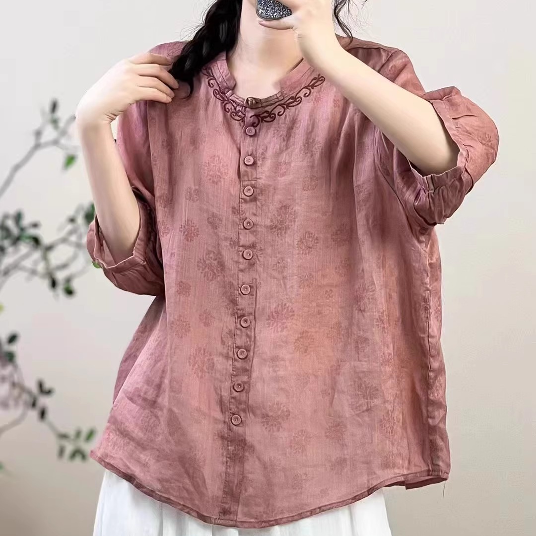 印花100%纯苎麻衬衫女薄款上衣