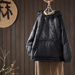 连帽套头拉链羽绒服女2024冬季韩版宽松休闲卫衣白鸭绒加厚外套潮