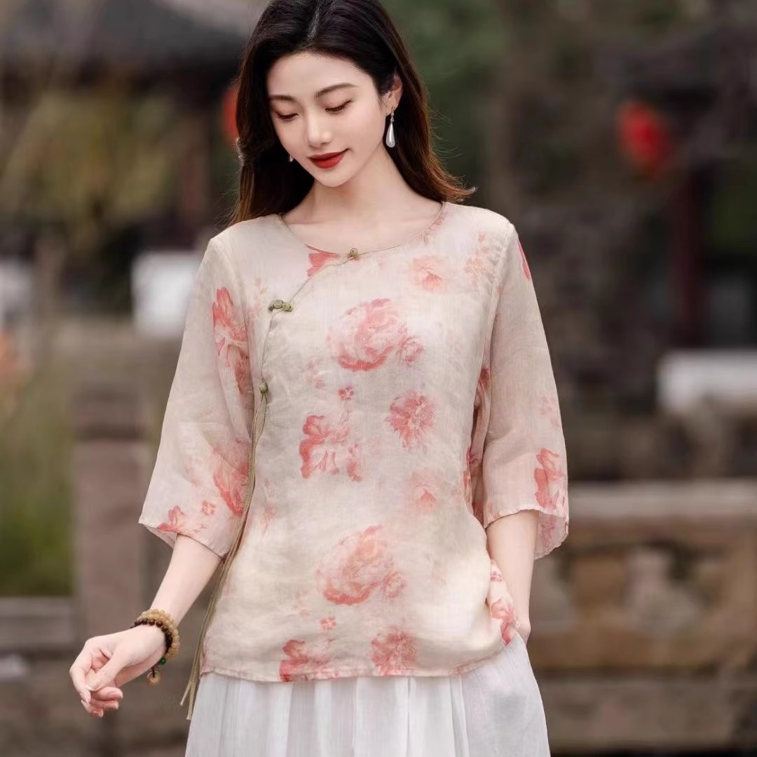 100%纯苎麻上衣衬衫女珠扣小衫