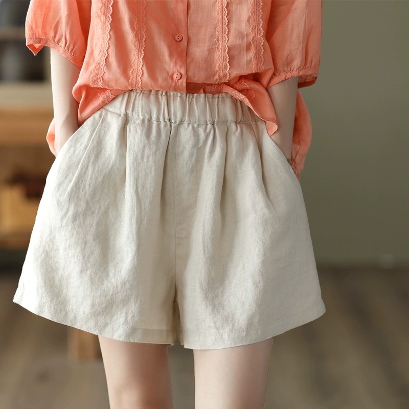 2025夏季新款复古100%亚麻裤女松紧腰阔腿短裤显瘦休闲裤直筒裤夏,女装/女士精品,休闲裤,淘宝优惠券,粉丝福利购,淘宝优惠卷