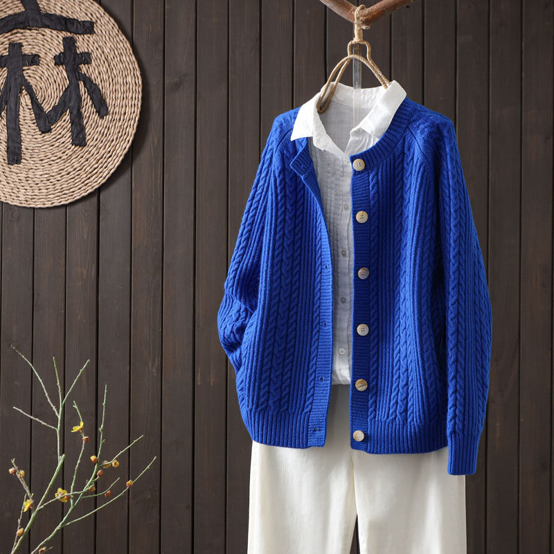 克莱因蓝时尚麻花圆领针织毛衣外套女2026年新款百搭显瘦气质开衫