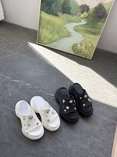8cm厚底增高显瘦牛羊皮真皮水钻凉拖女镂空一脚蹬不累脚厚底拖鞋