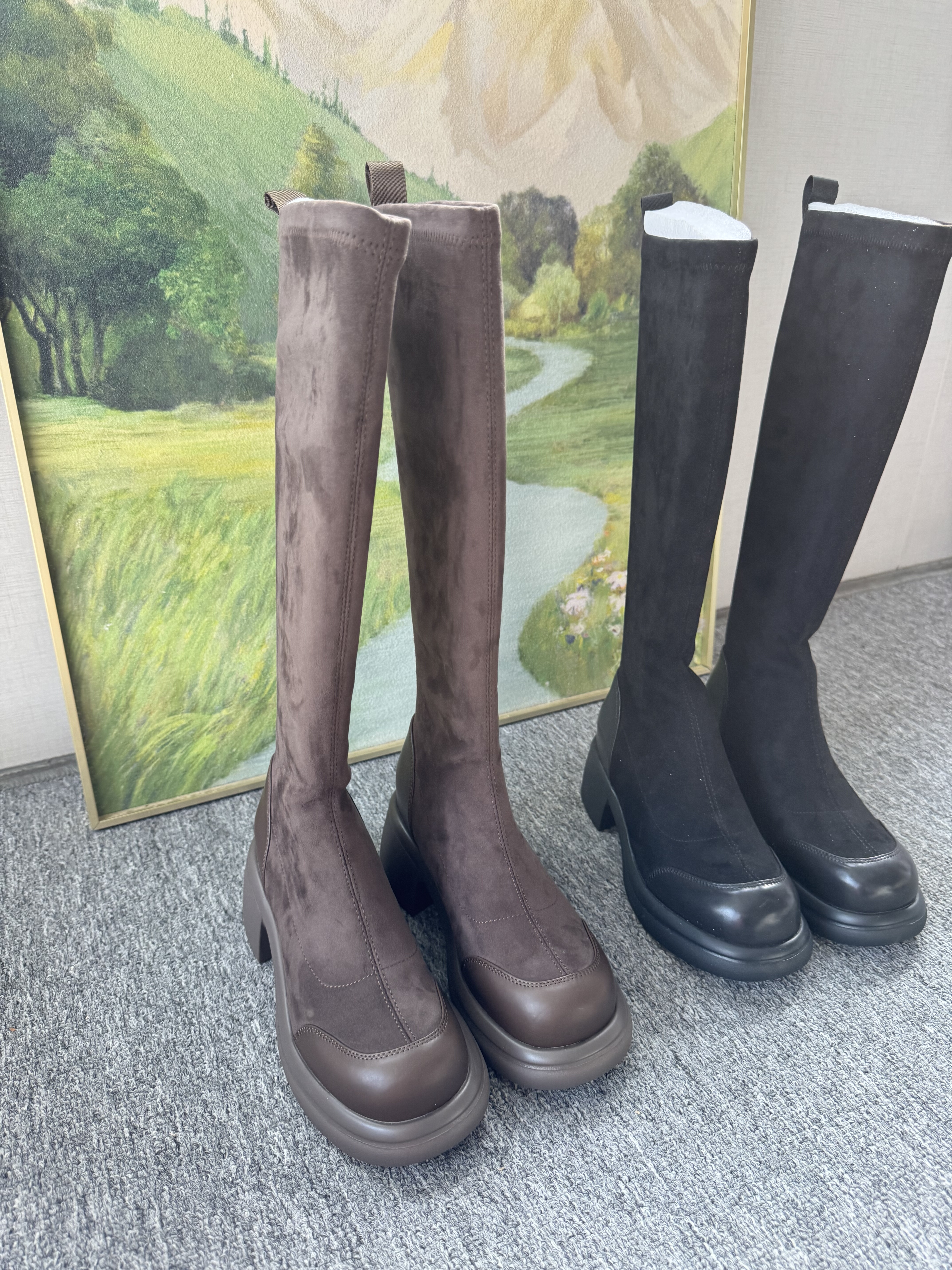 包邮柜子货 弹力面料高跟长靴子女秋冬厚底骑士靴长筒靴 显瘦百搭