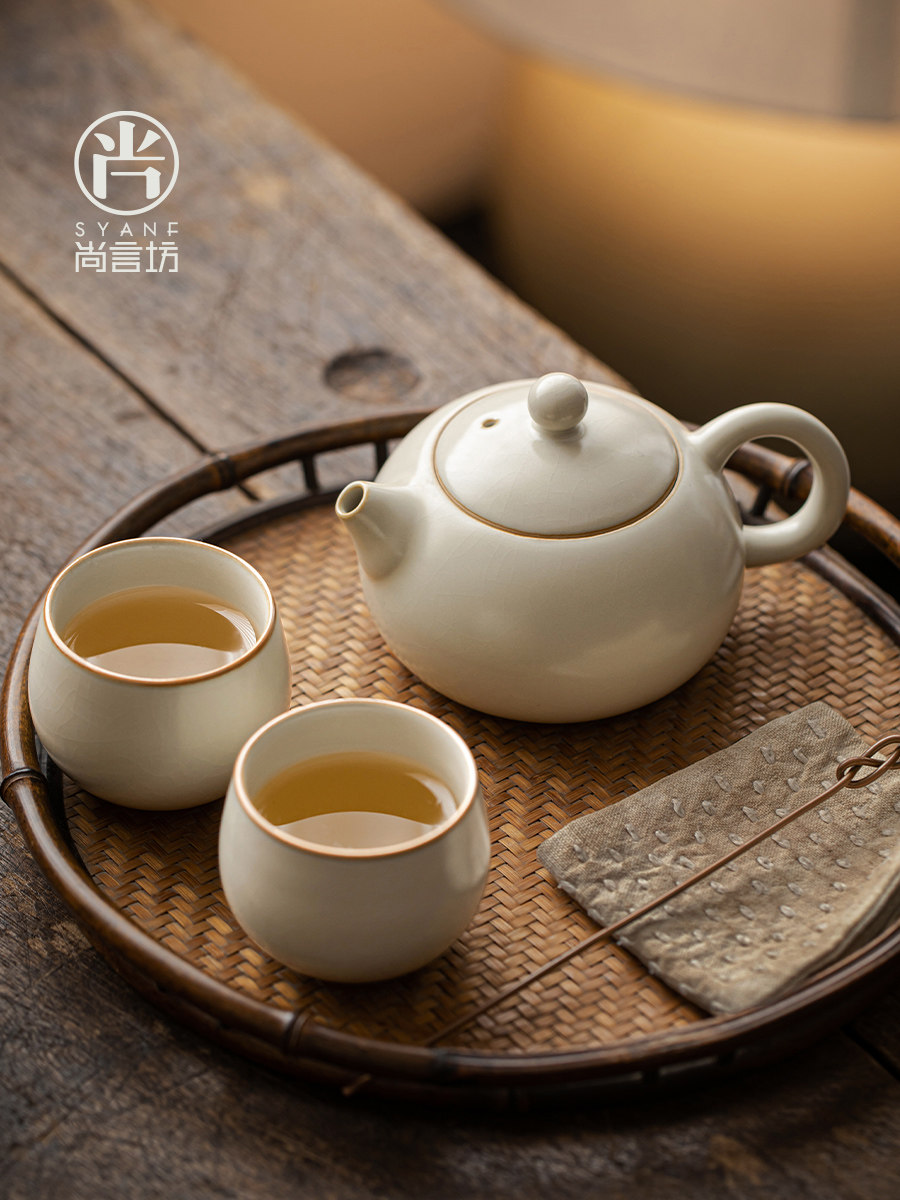 米黄汝窑陶瓷茶壶一人茶具套装西施壶小单个泡茶壶家用两杯泡茶杯