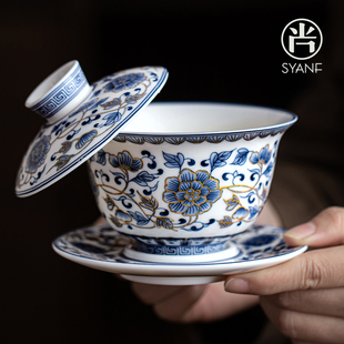 青花白瓷盖碗茶杯家用单个泡茶专用茶碗不烫手带盖茶蛊2025新款
