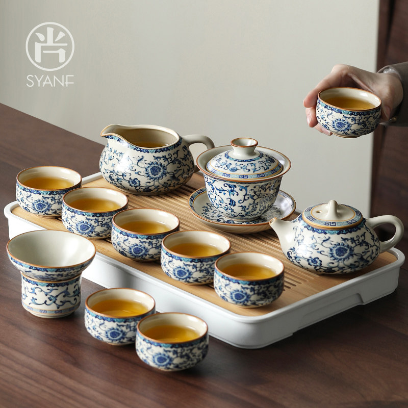 青花汝窑功夫茶具套组家用2025新款客厅轻奢高档泡茶器具喝茶茶杯