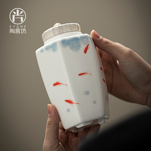 白汝窑手绘茶叶罐陶瓷家用防潮储茶罐密封罐子中式 尚言坊 创意