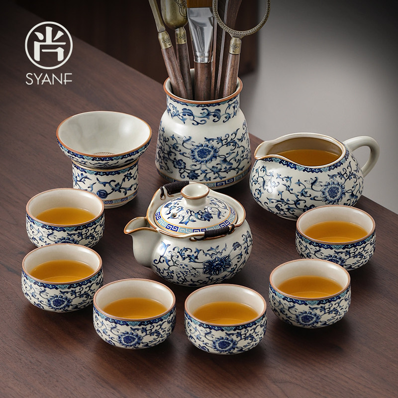 青花汝窑功夫茶具套组家用轻奢高档盖碗手抓壶喝茶泡茶具2025新款