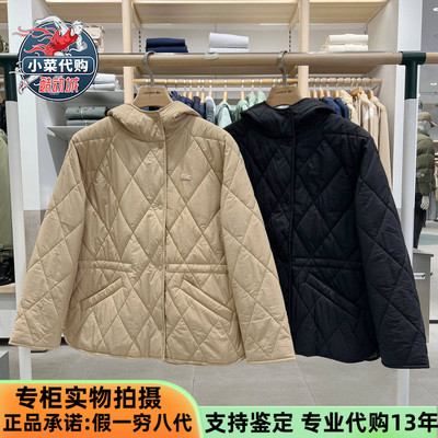 法国鳄鱼女菱形绗缝连帽棉服夹克