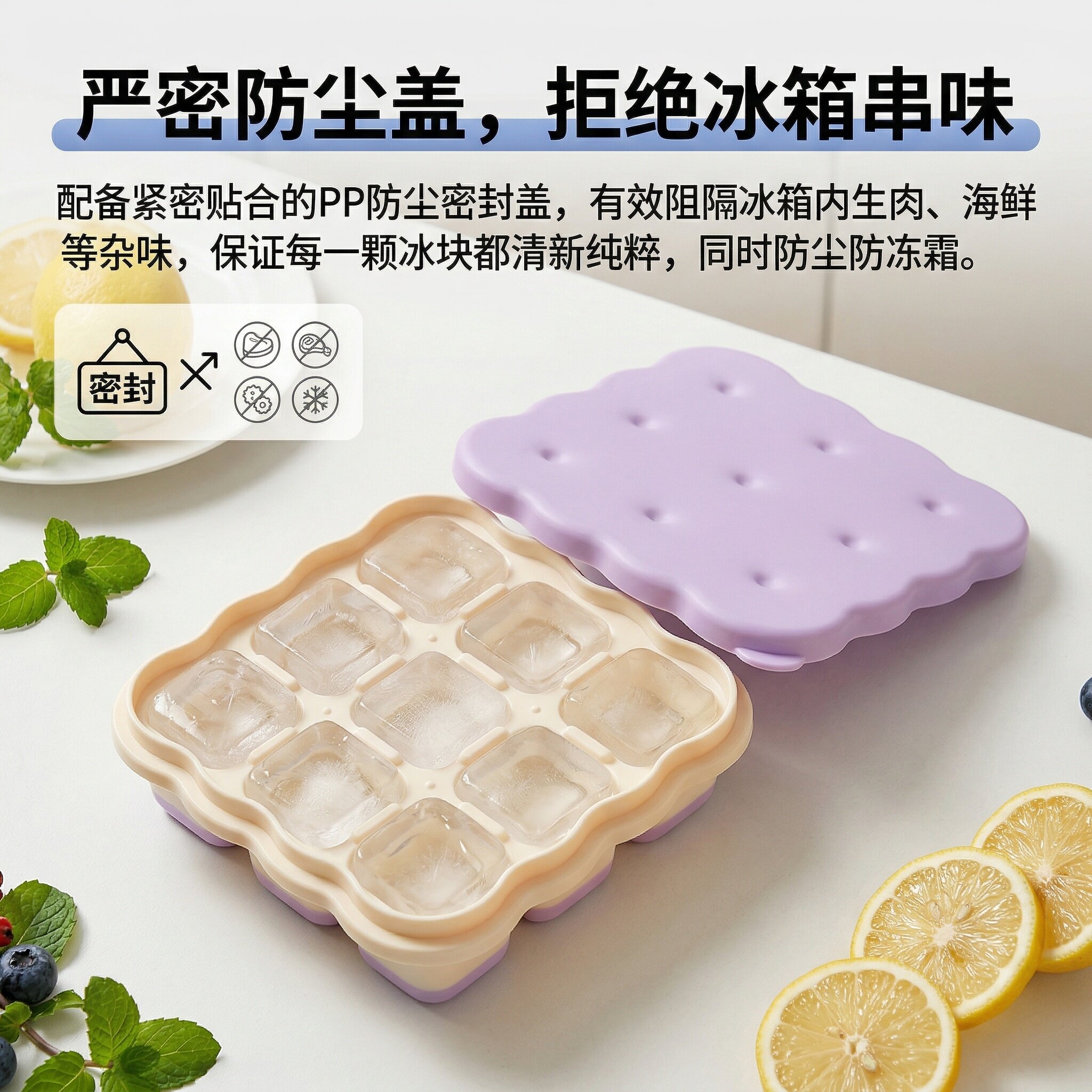 新款可爱创意淡紫色PP材质冰格制冰模具家用厨房收纳盒多格图片