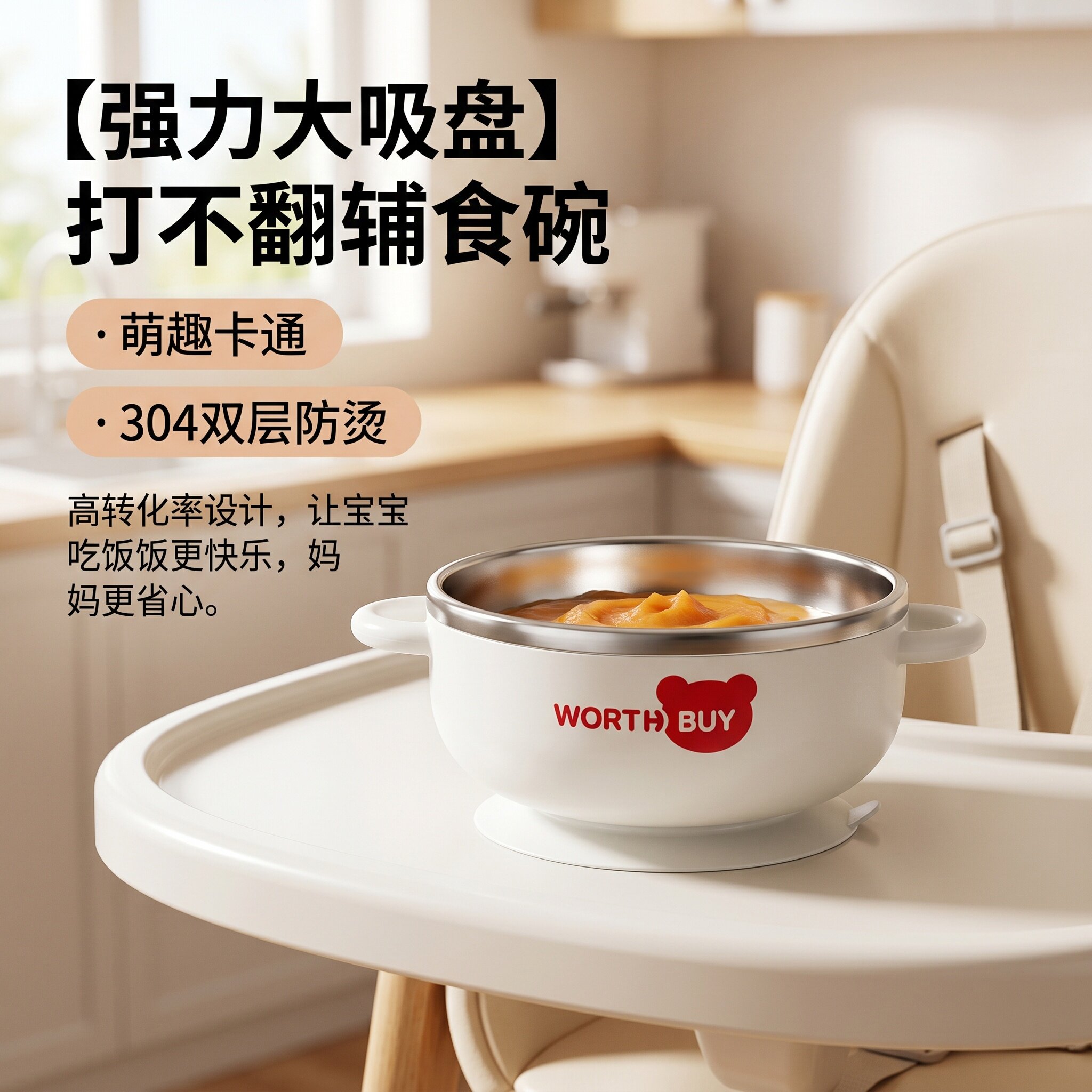 304不锈钢儿童碗双耳辅食碗吃饭专用碗小孩宝宝餐具防摔婴儿饭碗