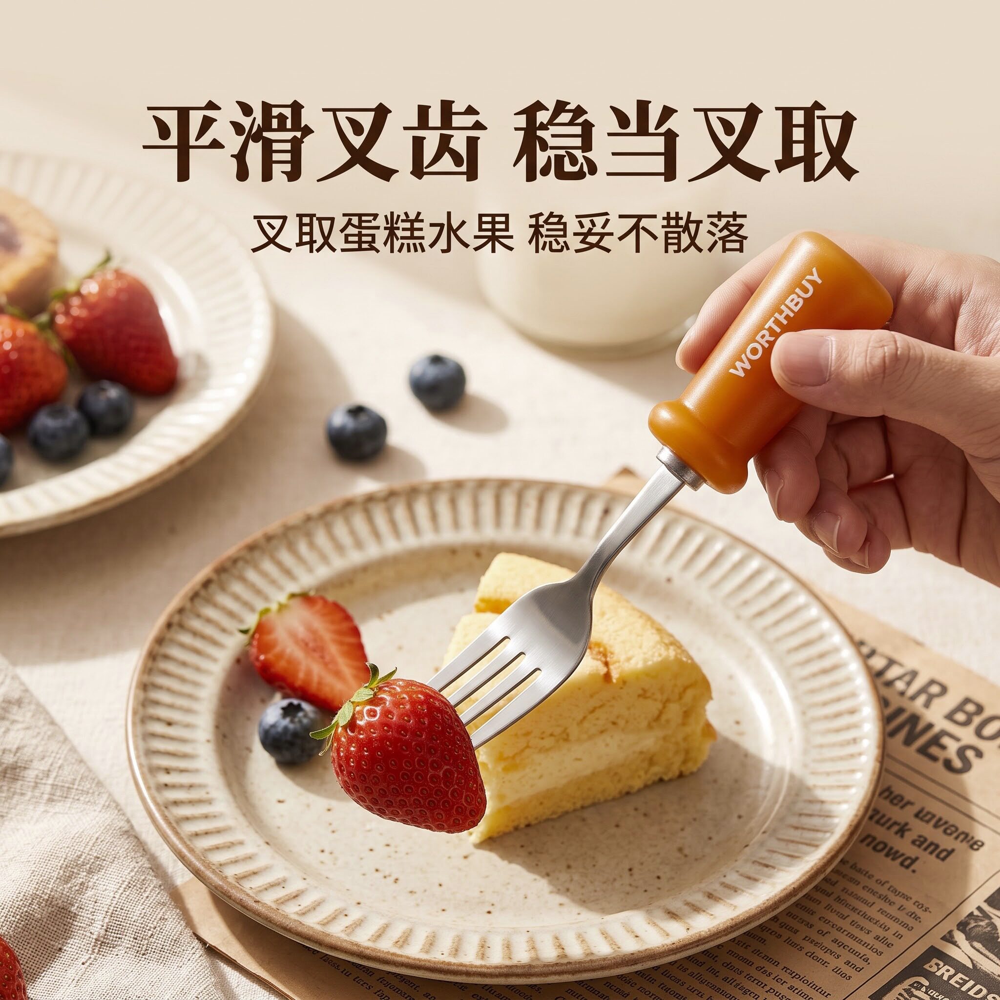 甜品叉304不锈钢平滑叉头抗菌PP加粗立式手柄蛋糕水果下午茶餐具