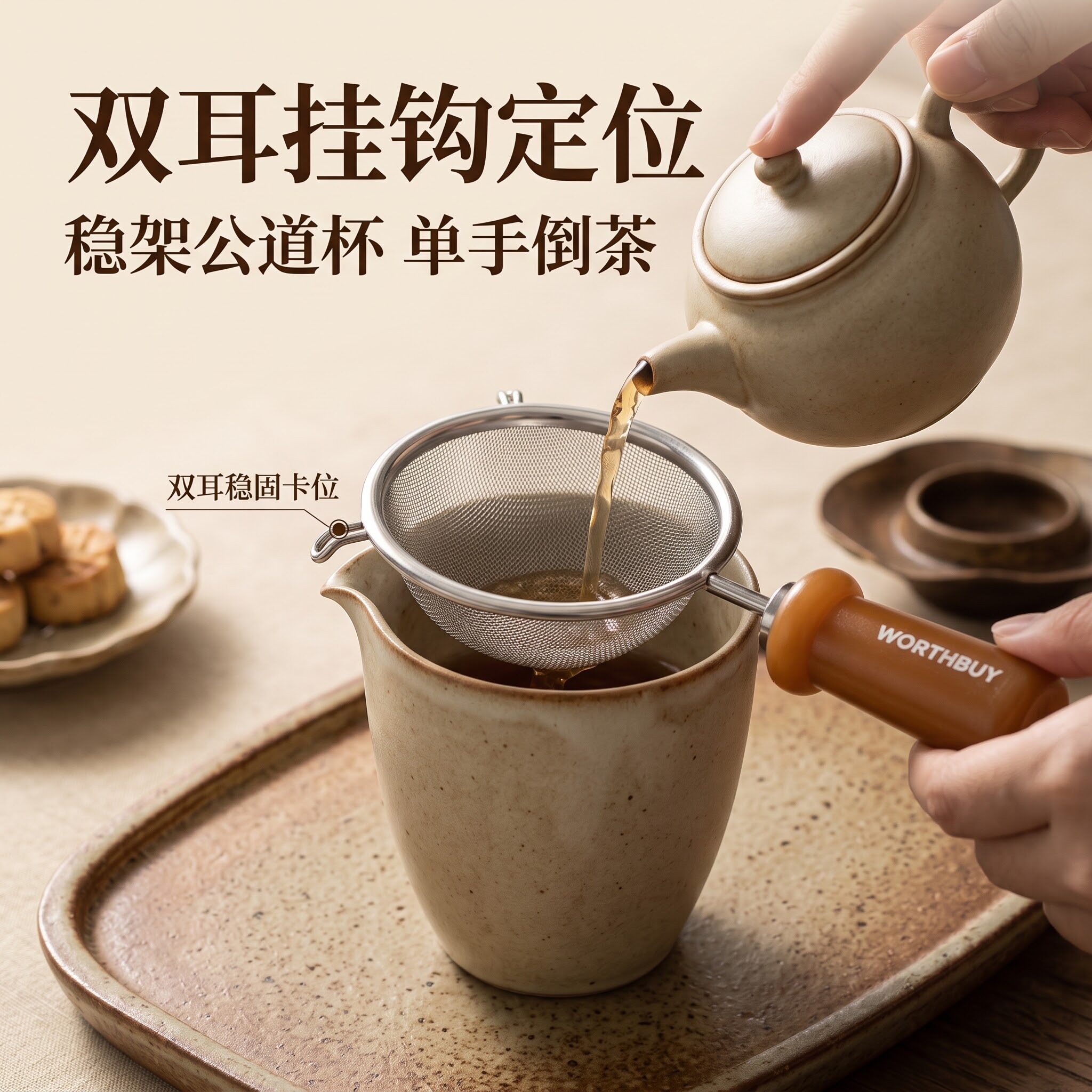茶叶碎末过滤勺304不锈钢滤网抗菌银离子手柄加粗可立放冲泡茶饮