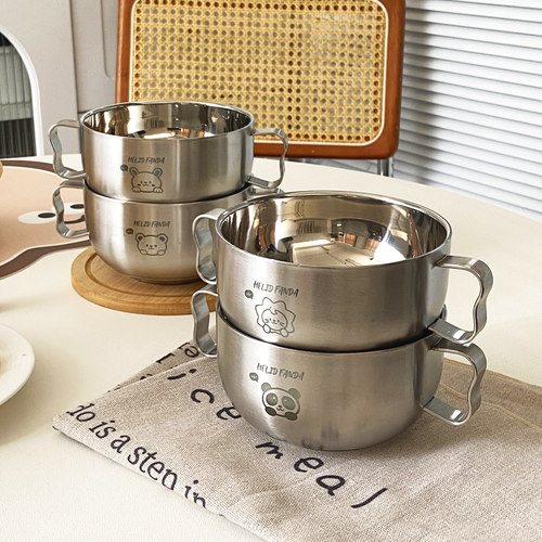 316不锈钢儿童碗双层加厚双耳汤碗带把手吃饭碗宝宝碗防摔防烫