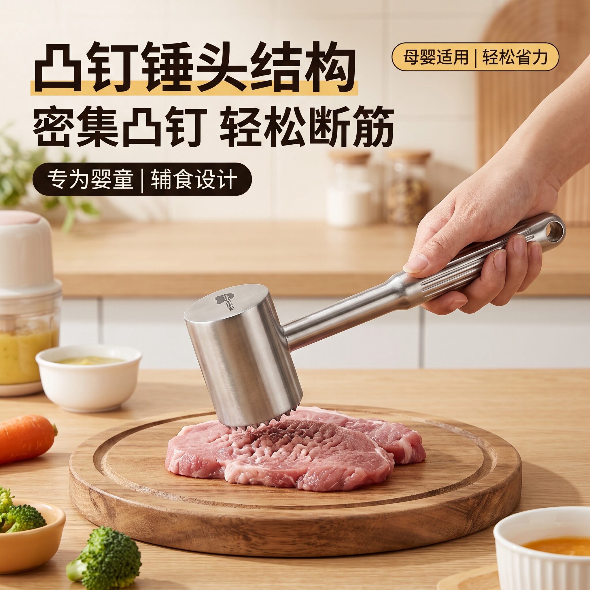敲肉锤304不锈钢凸钉锤头加长圆润手柄一体成型辅食备肉挂孔收纳