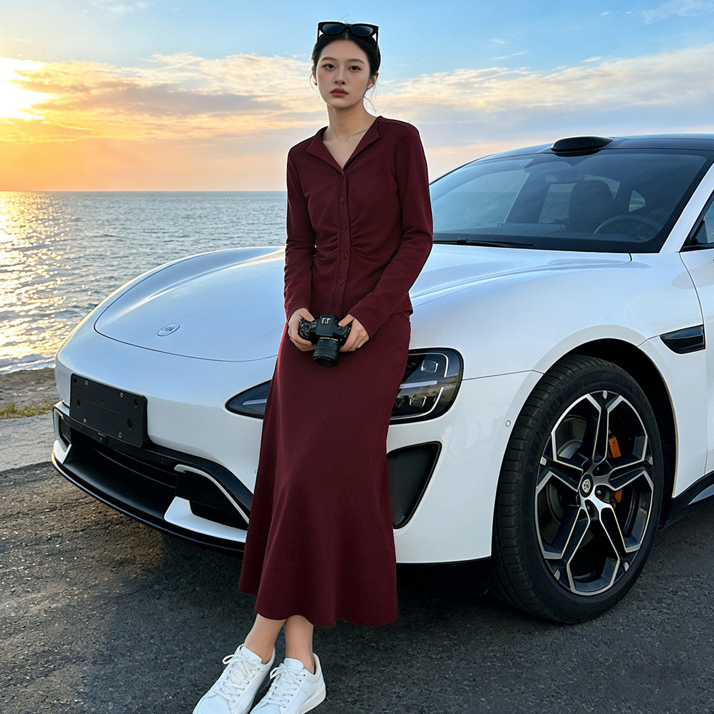 欧货休闲时尚套装裙女春款设计感修身褶皱长袖上衣半身长裙两件套