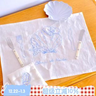 原创法式 BLEU 贝壳 ROSE 刺绣餐布亚麻杯垫茶巾摆拍道具餐垫