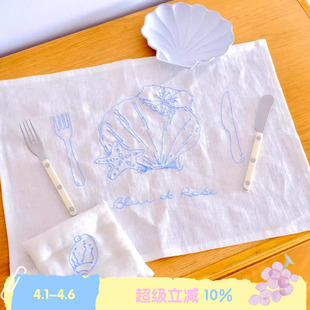 贝壳 BLEU ROSE 刺绣餐布亚麻杯垫茶巾摆拍道具餐垫 原创法式