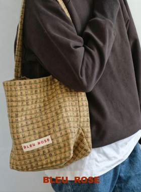 BLEU et ROSE【芝麻/南瓜】原创毛呢格子帆布袋单肩包复古水桶包