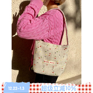 豆豆包 ROSE 原创毛呢格纹旅行帆布袋复古腋下包日系 BLEU