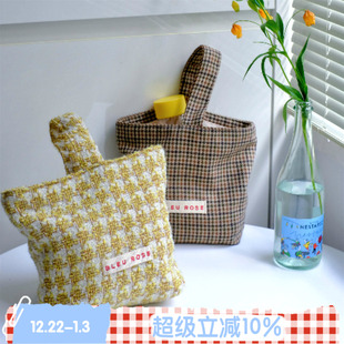 豆沙包 BLEU 菠萝油 ROSE 原创千鸟格复古手提袋毛呢帆布包