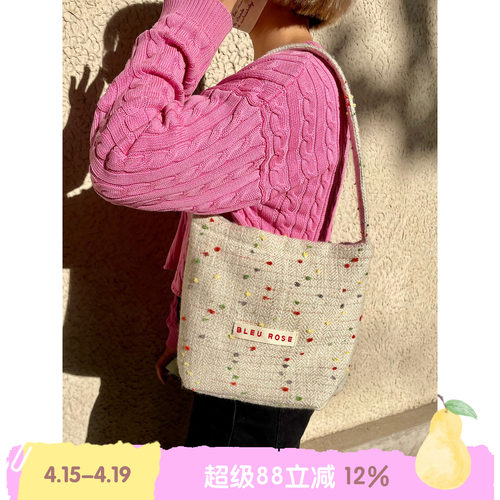 复古毛呢格纹点点帆布袋腋下包