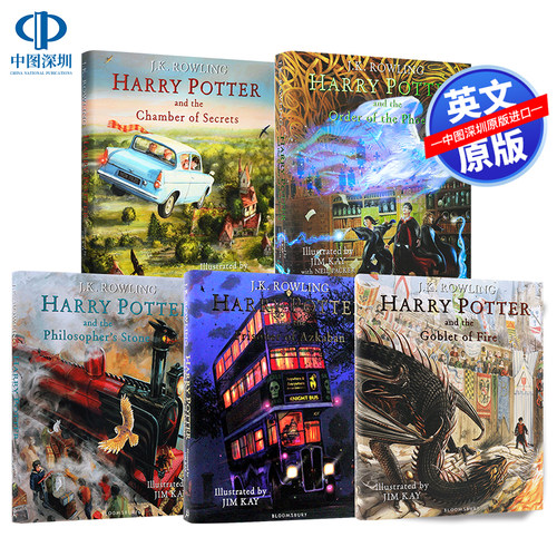 英文原版 哈利波特1-5 精装彩绘插画版五册 Harry Potter 与魔法石密室阿兹卡班的囚徒火焰杯凤凰社 艺术画册书 JK罗琳 周边
