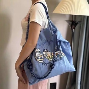 日本代购 刺绣购物袋大容量通勤单肩斜挎包女 ballchain高圆圆同款