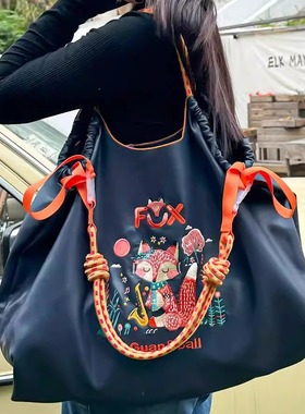 日本代购ballchain刺绣软皮狐狸单肩包手提斜挎大容量托特通勤包