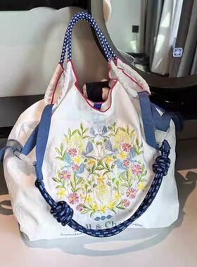 日本代购ballchain花环刺绣环保帆布购物袋上班大容量旅游旅行包