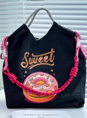 日本代购ballchain新款刺绣黑色甜甜圈环保袋手提单肩购物帆布包