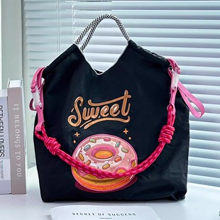 日本代购ballchain新款刺绣黑色甜甜圈环保袋手提单肩购物帆布包