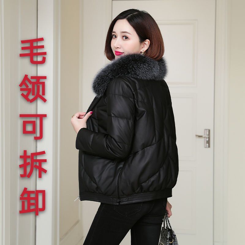 新款PU皮衣外套女士短款修身加棉加厚羽绒棉服可拆卸毛领海宁皮草