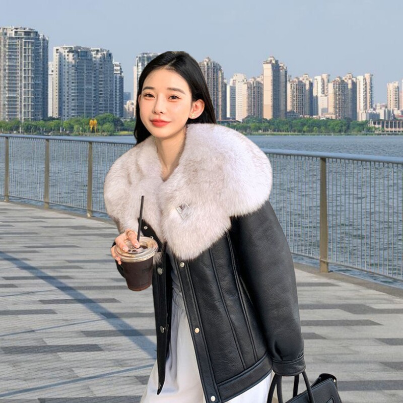 秋冬新款皮毛一体皮衣外套女短款机车服海宁皮草加绒加厚羽绒棉服
