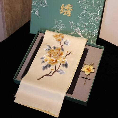 苏绣刺绣围巾非遗手工缠花胸针套装礼盒送老外妈妈母亲节特色礼品