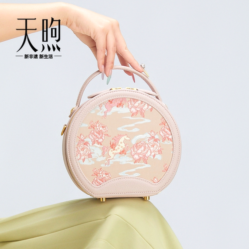 新中式蜀锦牛皮小圆包斜挎手拎